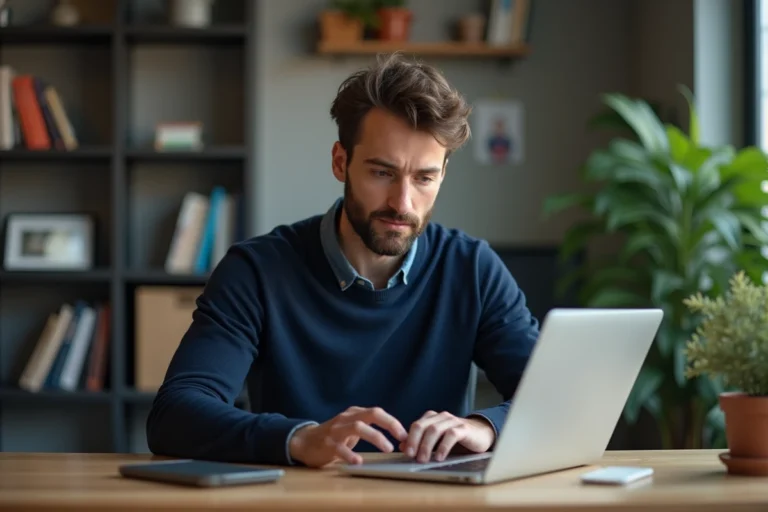Homme accédant à un site web via une nouvelle adresse URL sur son ordinateur portable dans un bureau à domicile
