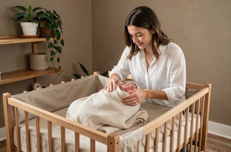 Jeune mère déposant son nouveau-né dans un berceau en bois naturel dans une chambre bébé éco-responsable et minimaliste