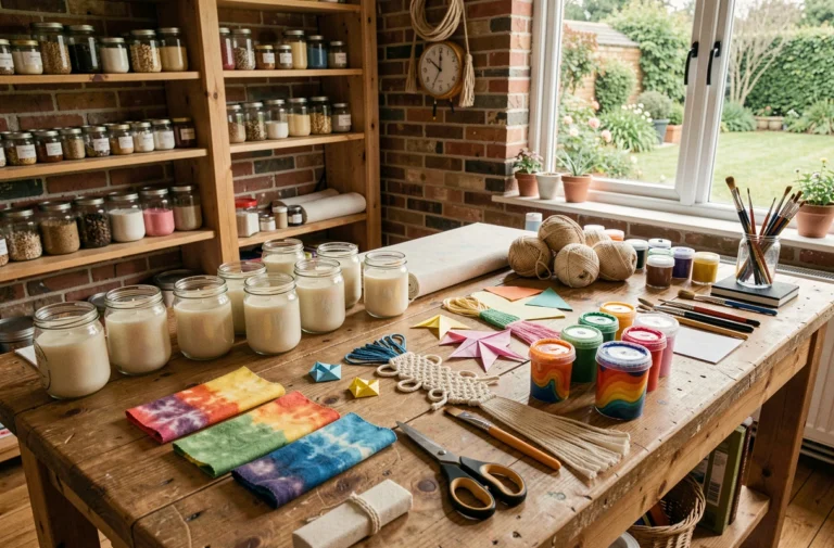 Table d'atelier créatif à la maison avec diverses activités bricolage : bougies, tissus teints, origami, macramé et peinture acrylique