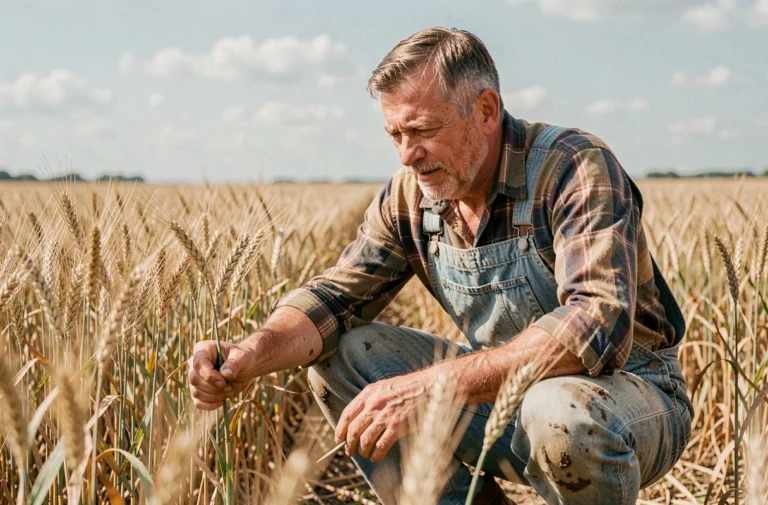 Agriculteur expérimenté examinant des épis de blé mûrs dans un champ doré en fin d'été, illustrant les pratiques agricoles modernes