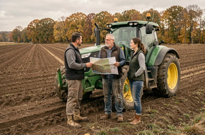 Deux agriculteurs discutant d'un plan de gestion des parcelles devant un tracteur moderne en bordure d'un champ labouré en automne