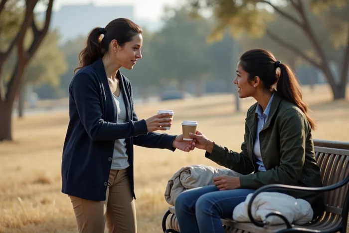 Travailleuse sociale tendant un café à une femme sans abri dans un parc de Los Angeles, symbolisant l'aide humanitaire et le soutien apporté à des personnes comme Loni Willison