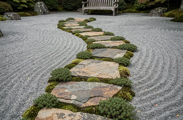 Allée en pas japonais composée de grandes pierres plates irrégulières posées sur un lit de gravier ratissé, avec thym et mousse dans les joints, serpentant vers un banc de jardin
