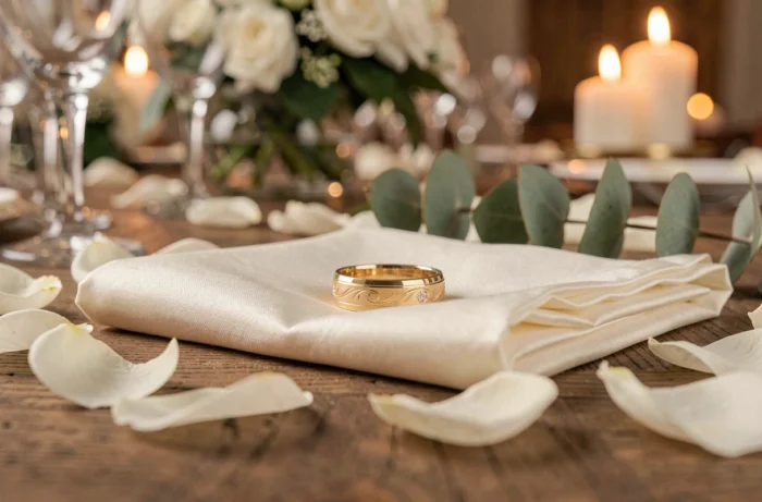 Gros plan sur les alliances de mariage posées sur un tissu de lin ivoire lors d'une cérémonie élégante
