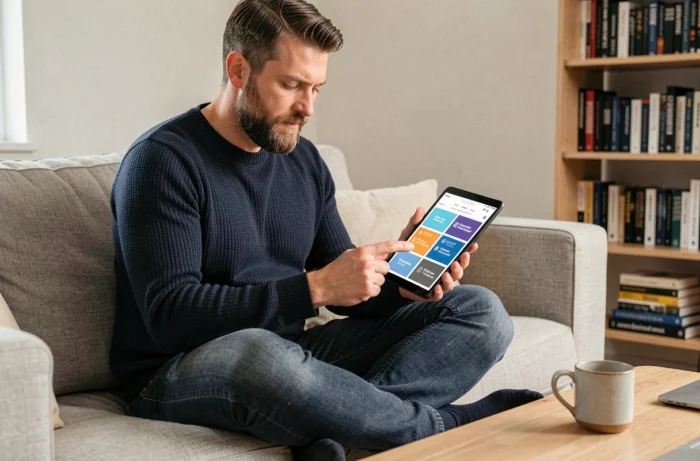Homme comparant des alternatives logicielles sur une tablette pour trouver un substitut fiable à Voplav