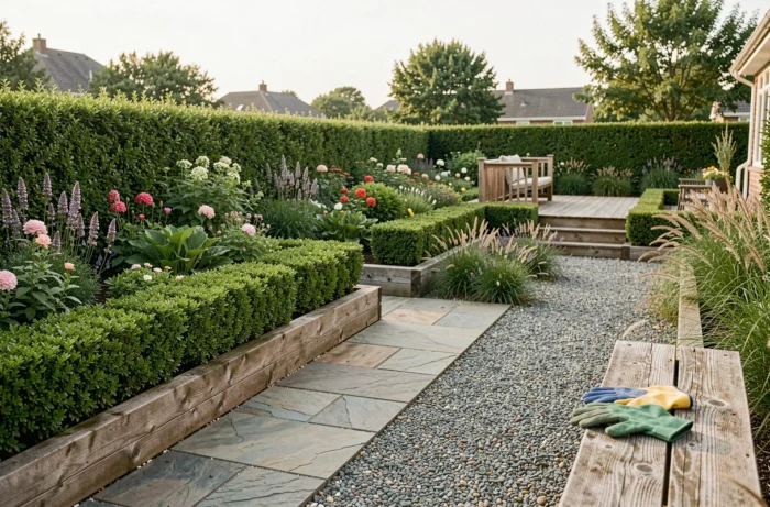 Vue panoramique d'un jardin résidentiel aménagé avec allées en gravier, bacs potagers surélevés, haie champêtre et terrasse en bois, illustrant des idées créatives d'aménagement paysager