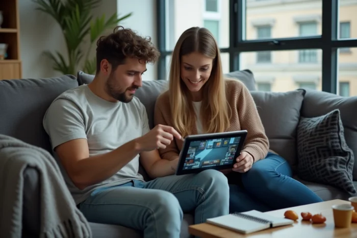 Deux amis assis sur un canapé gris consultant des astuces pour un jeu d'escape room sur tablette