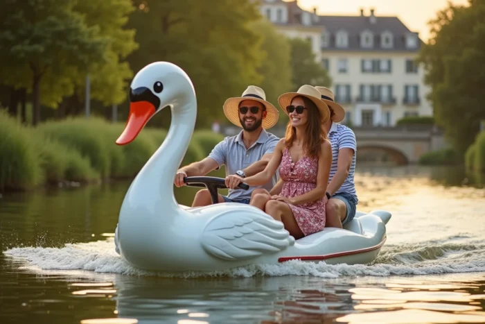 Groupe d'amis sur un pédalo en forme de cygne sur la Marne en été