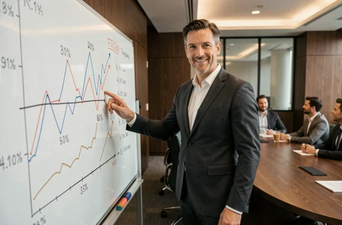 Analyste financier présentant des tendances économiques sur tableau blanc lors d'une réunion d'entreprise