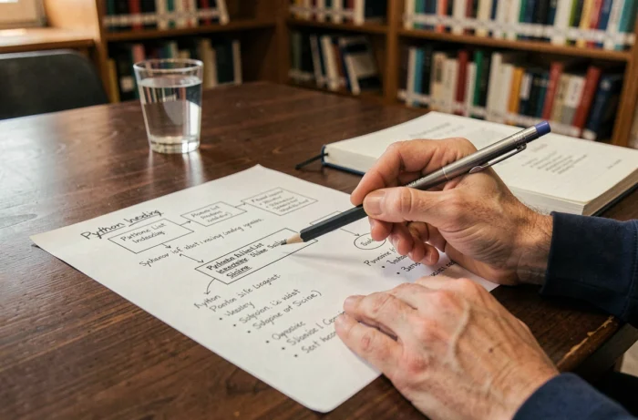 Mains annotant un diagramme imprimé sur les listes Python avec indexation et découpage dans une bibliothèque universitaire