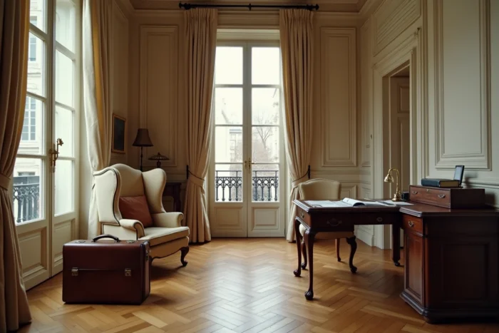 Intérieur d'appartement haussmannien parisien avec bureau en acajou et documents financiers, symbolisant une fortune secrète et un patrimoine immobilier discret en France