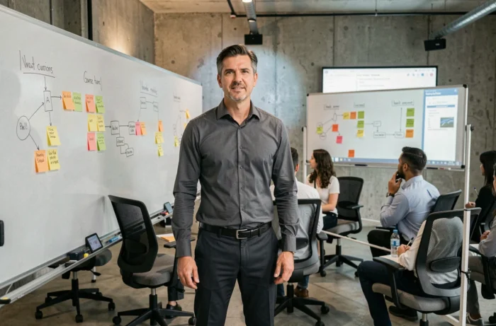 Homme en atelier de cartographie des compétences professionnelles devant un tableau blanc avec des notes colorées lors d'une formation en entreprise