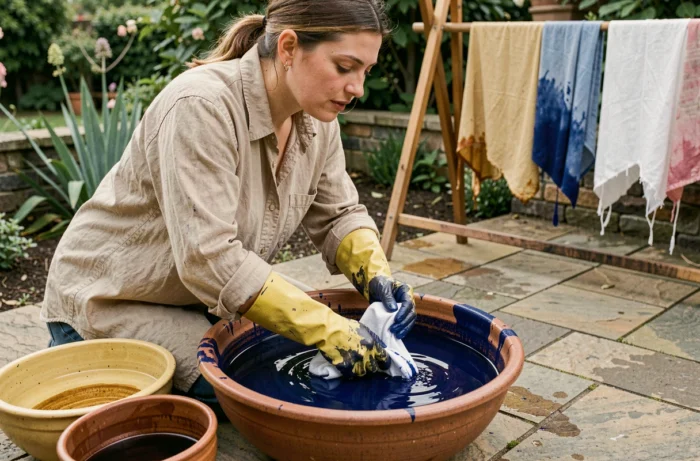 Femme plongeant du tissu dans un bain de teinture végétale indigo dans un atelier teinture fait maison en extérieur