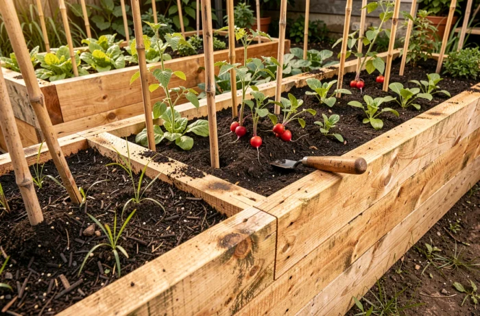 Trois bacs potagers surélevés construits en planches de bois non traitées remplies de compost, plantés de salades, radis et jeunes tomates tuteurées dans un jardin potager