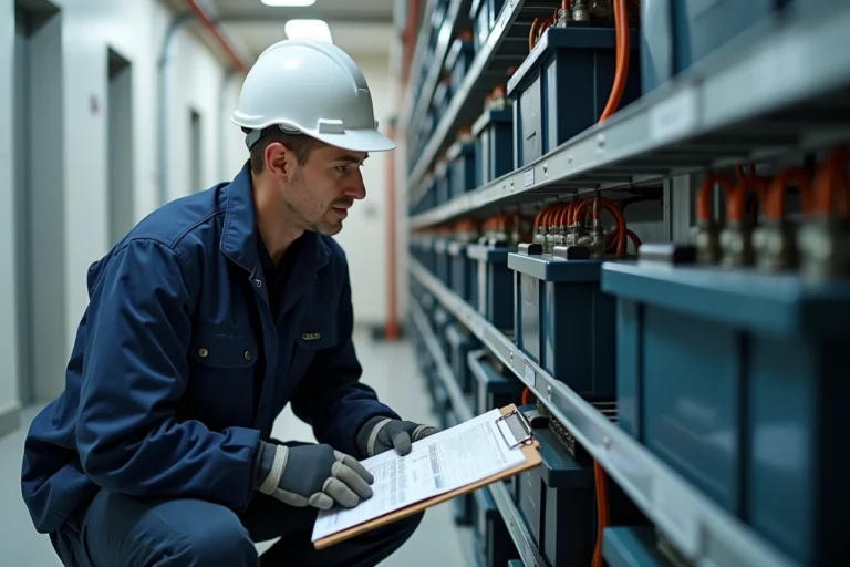 Technicien inspectant une batterie LiFePO4 pour panneau solaire de 3000W dans une salle technique