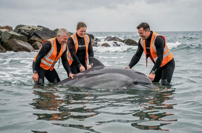 Des biologistes marins sauvant un dauphin échoué sur une côte rocheuse