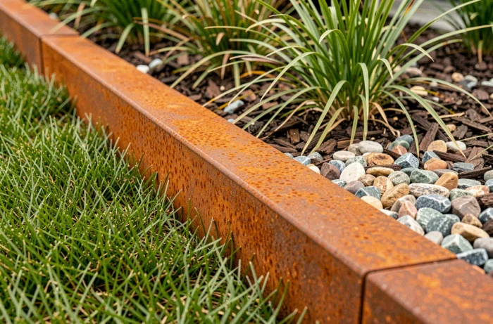Bordure de jardin en acier Corten oxydé installée entre une pelouse verte et une zone de gravier plantée de graminées ornementales, montrant la patine rouille naturelle caractéristique du métal