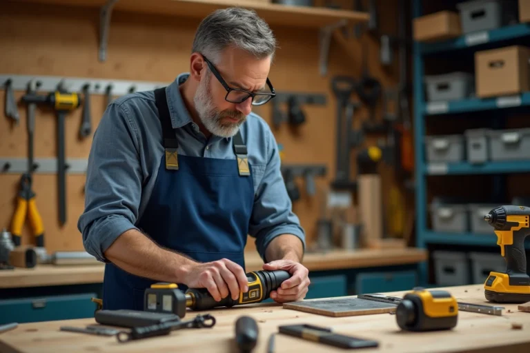 Artisan bricoleur examinant un outil sans fil innovant dans un atelier moderne bien organisé