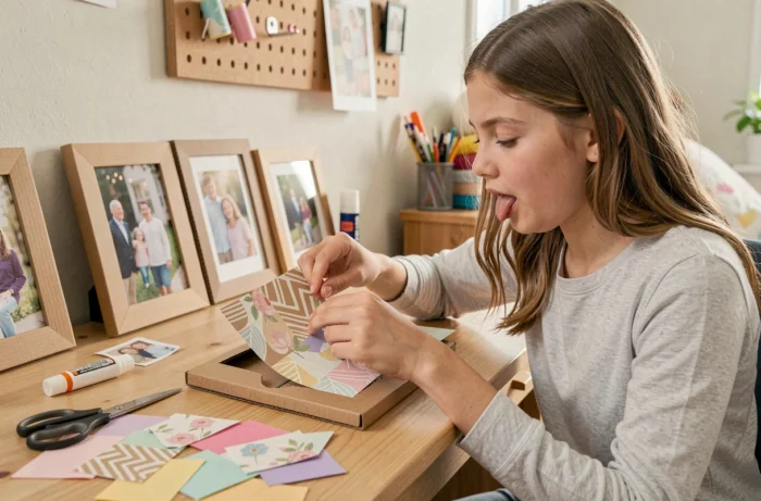 Adolescente fabriquant des cadres photo en carton et papier décoratif coloré sur un bureau à la maison