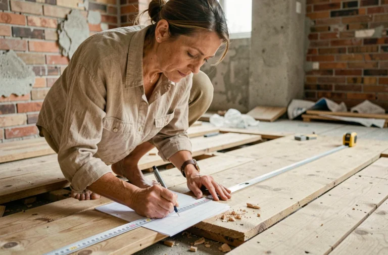 Femme mesurant la surface d'une pièce irrégulière avec un mètre ruban sur un plancher en bois