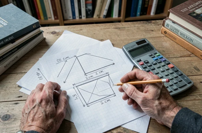Mains calculant une surface en m² sur du papier millimétré avec des croquis de quadrilatères irréguliers