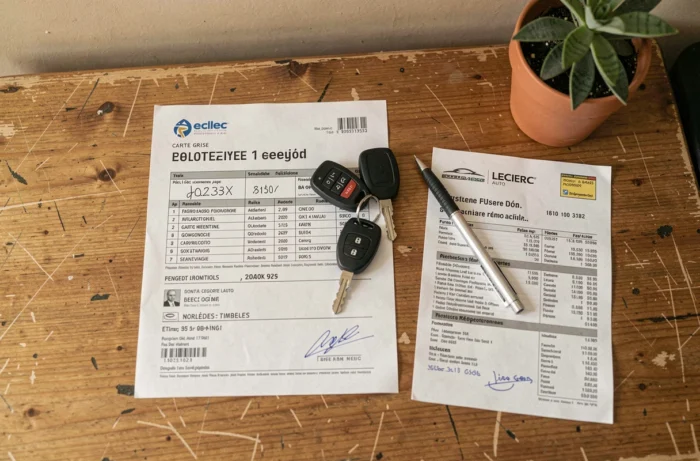 Carte grise française posée sur un bureau avec clés de voiture et reçu Leclerc Auto
