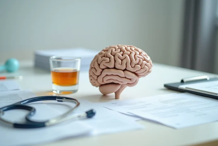 Modèle anatomique de cerveau humain posé à côté d'un verre d'alcool anisé sur un bureau médical, symbolisant les dangers du Ricard sur le cerveau