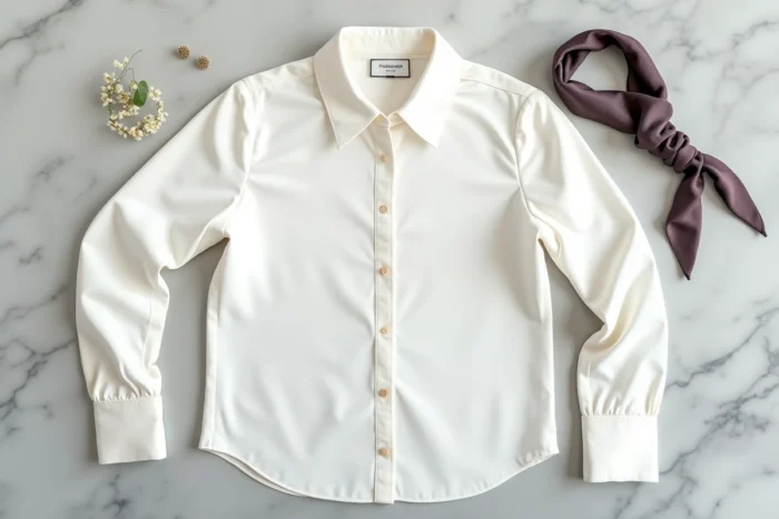 Chemise de créateur en coton popeline présentée en flat-lay sur marbre gris clair avec étiquette de marque visible