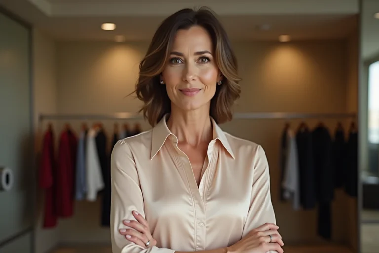 Femme élégante portant une chemise de créateur française dans une loge de plateau de télévision, détail du col et de la coupe