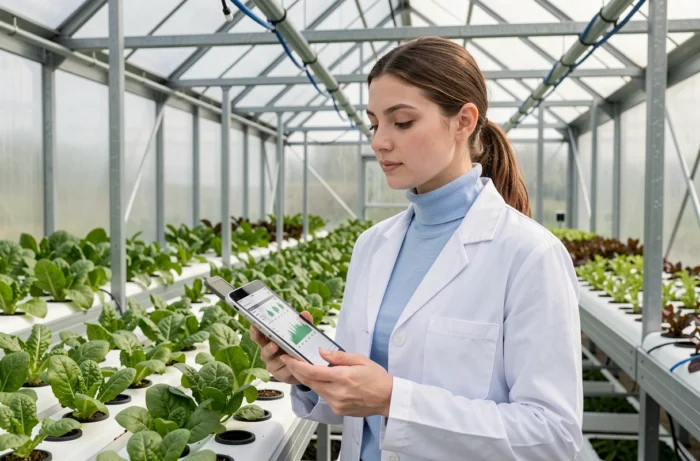 Chercheuse en agronomie analysant des données de croissance sur tablette dans une serre hydroponique moderne
