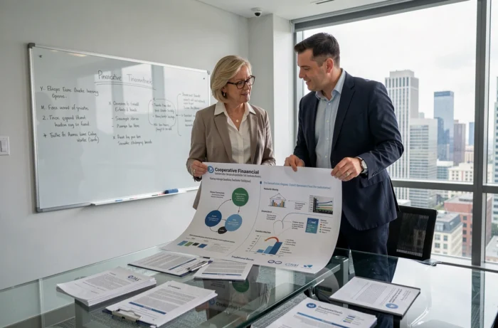 Deux professionnels de la finance analysant un document comparatif entre le CIFACTIV et les banques traditionnelles dans une salle de réunion d'entreprise