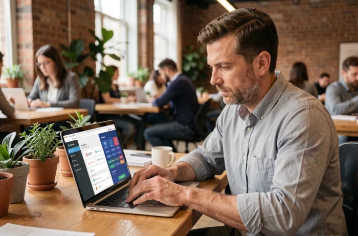 Un entrepreneur consultant un comparatif entre le CIFACTIV et les banques traditionnelles sur son ordinateur dans un espace de coworking