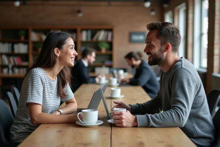 Deux collègues discutant dans un espace de coworking chaleureux pendant les heures de bureau, illustrant les métiers avec horaires stables favorisant la qualité de vie au travail