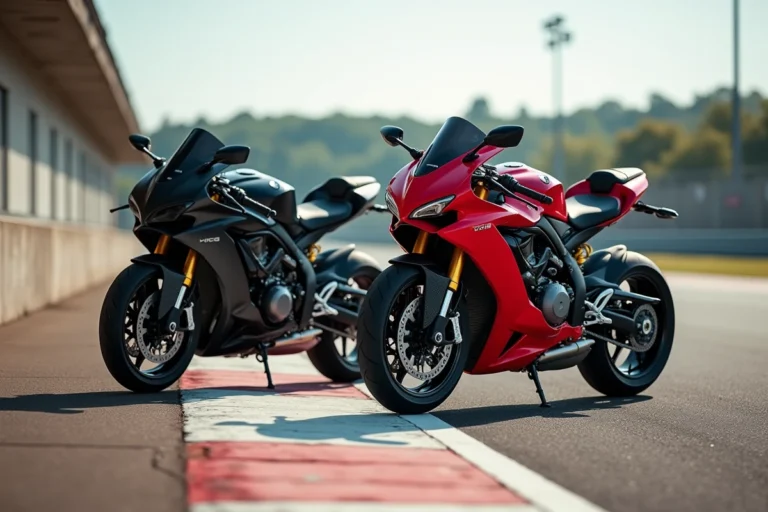 Deux motos sportives côte à côte sur un circuit de course, comparaison de performances en conditions réelles