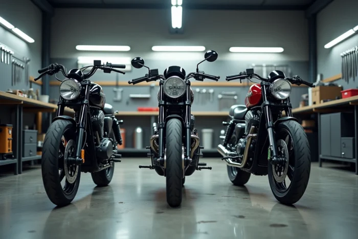 Trois motos naked alignées dans un atelier pour un comparatif technique de modèles concurrents