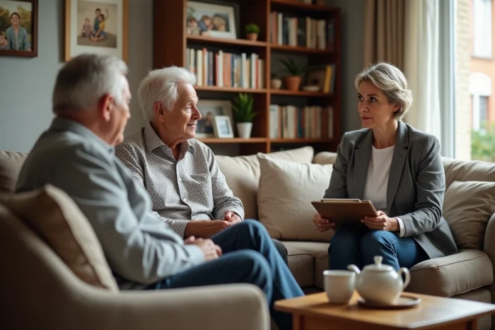 Une travailleuse sociale discutant des options de services d'aide à domicile avec un couple de seniors dans leur salon