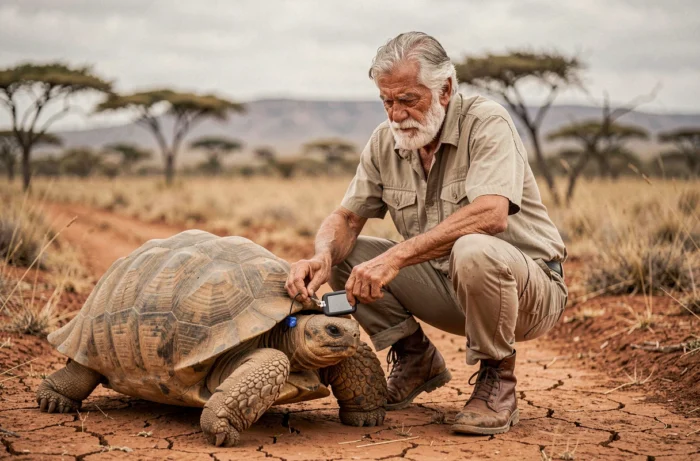Conservateur posant un traceur GPS sur une tortue géante dans une réserve naturelle africaine