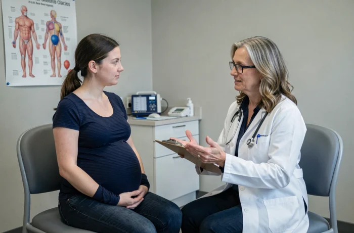 Femme enceinte en consultation prénatale avec une gynécologue obstétricienne dans un cabinet médical moderne et lumineux