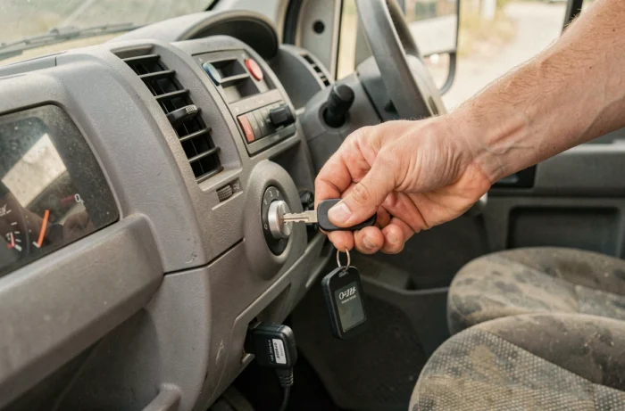Gros plan sur le contact et l'outil de diagnostic OBD branché sous le tableau de bord d'un Peugeot Boxer