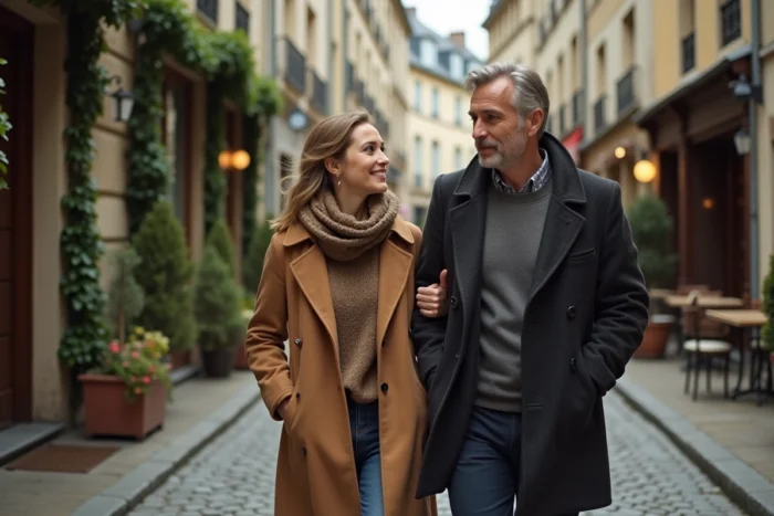 Couple discret se promenant dans une rue pavée française, femme en manteau camel et homme en manteau sombre dans un quartier authentique parisien