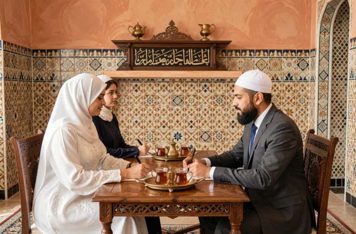 Couple musulman signant le contrat de mariage nikah avec un imam dans un intérieur traditionnel marocain