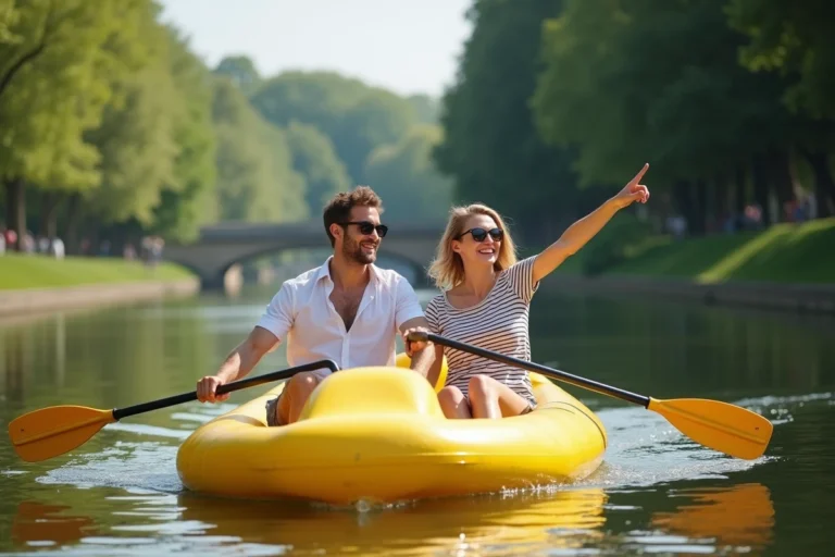 Couple en pédalo sur une rivière en région parisienne pendant l'été