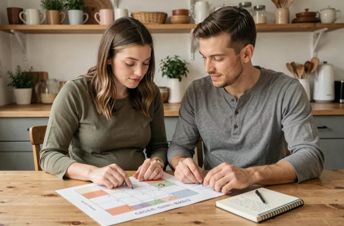 Couple attendant un bébé planifiant leur grossesse ensemble à une table de cuisine en bois avec un calendrier prénatal et des notes manuscrites