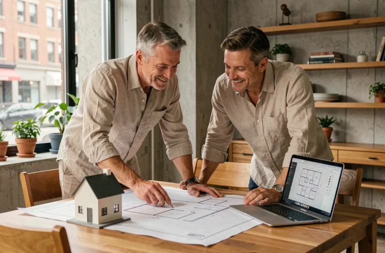 Couple étudiant des plans architecturaux pour un projet immobilier à domicile