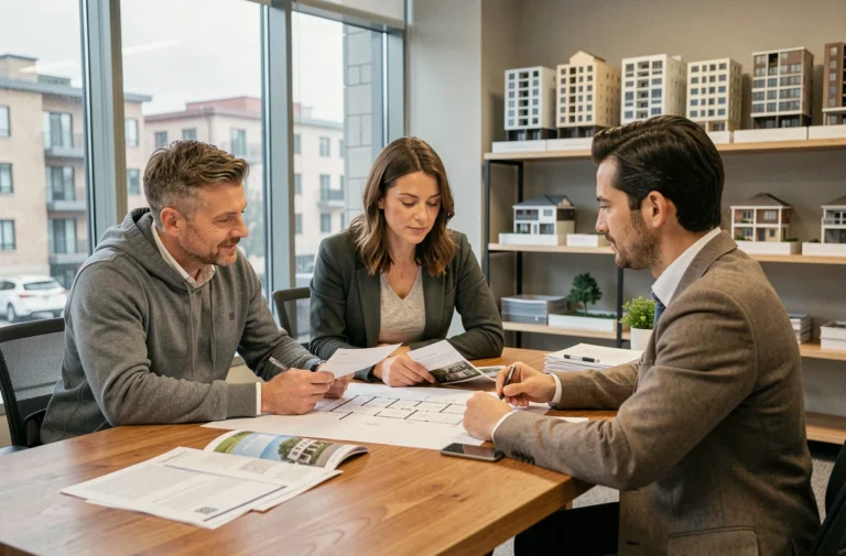 Couple discutant d'un projet immobilier avec un agent dans une agence moderne, examinant des plans et brochures sur un bureau en bois