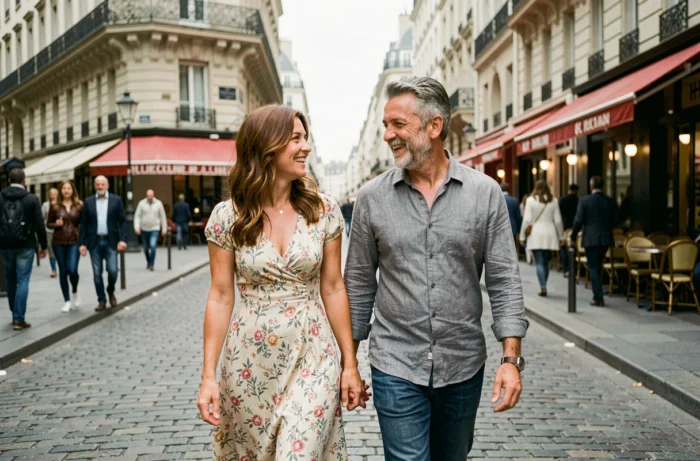 Couple élégant marchant main dans la main dans une rue pavée de Paris, illustrant la vie amoureuse d'une célébrité française