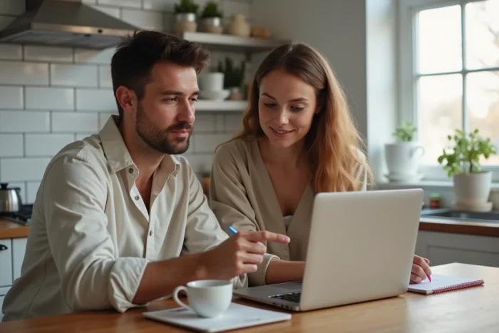 Couple cherchant ensemble des alternatives à un site de streaming fermé sur un ordinateur portable