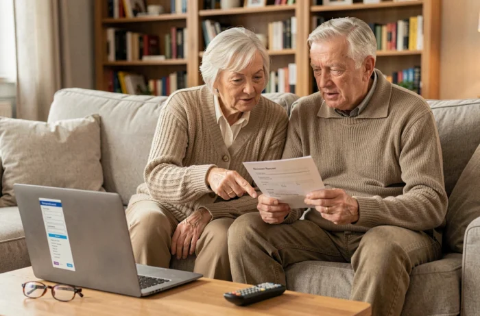 Couple de retraités consultant ensemble un ordinateur portable pour récupérer l'accès à leur compte kiosque Orange