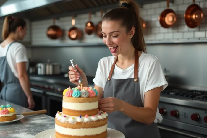 Jeune femme concentrée décorant un gâteau lors d'un atelier cuisine créatif dans une cuisine professionnelle moderne