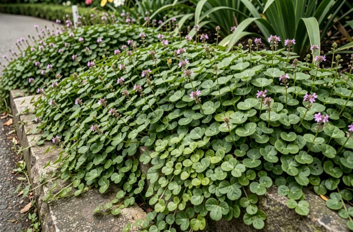Massif de jardin entièrement recouvert de plantes couvre-sol persistantes comme la vinca, la pachysandra et l'ajuga formant un tapis dense sans sol nu qui supprime naturellement le désherbage